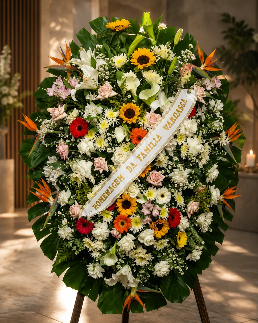 Coroa de flores com rosas brancas, lírios, gérberas e girassóis, com faixa personalizada em letras douradas