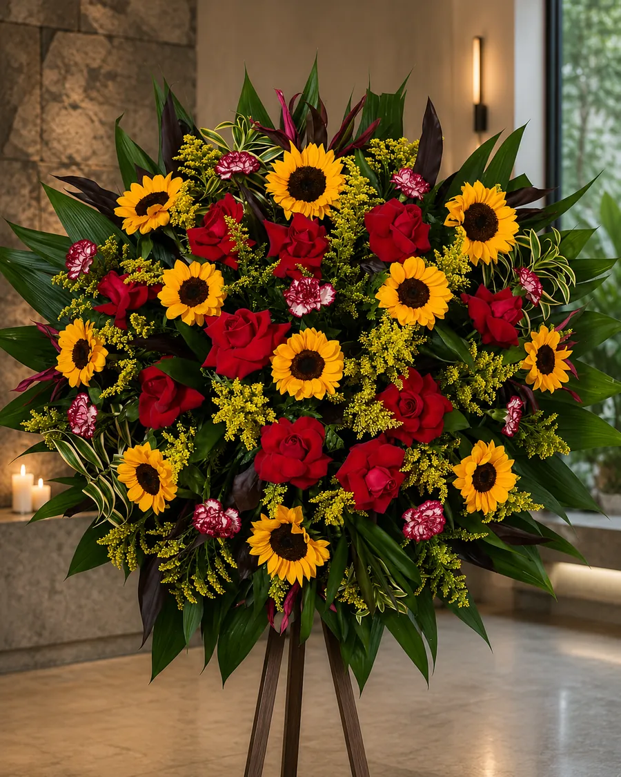 Coroa de flores com girassóis, rosas vermelhas e cravos sobre folhagens verdes escuras