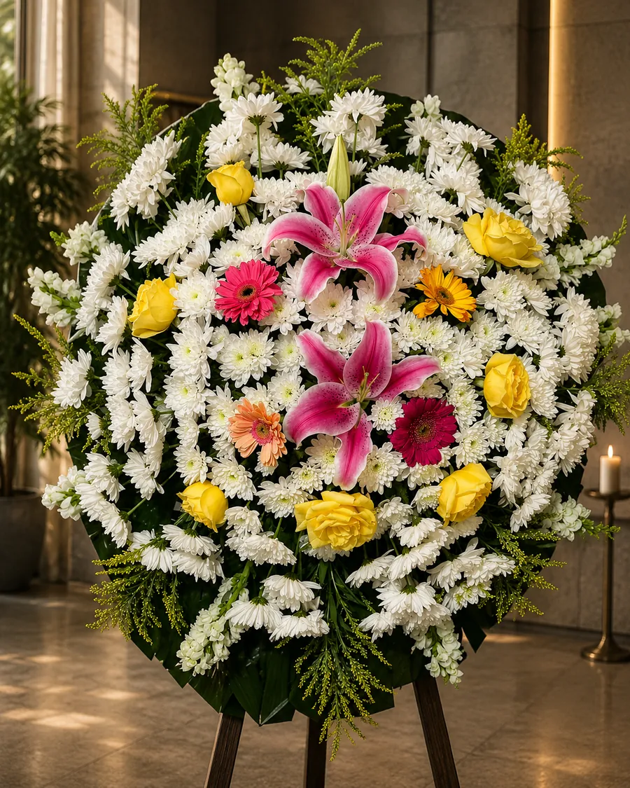 Coroa de flores com lírios rosa, rosas amarelas e crisântemos brancos