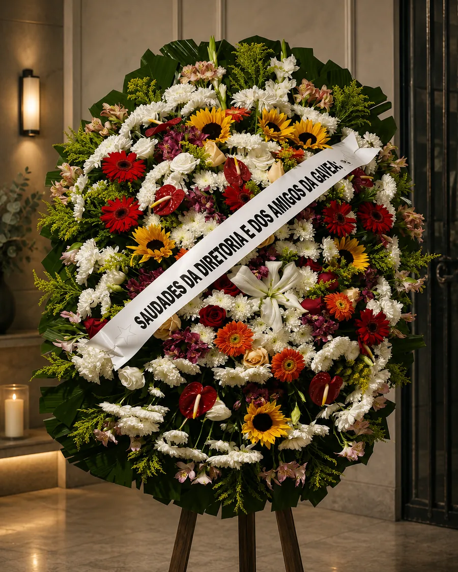 Coroa de flores com gérberas vermelhas, girassóis, antúrios e crisântemos brancos com faixa branca