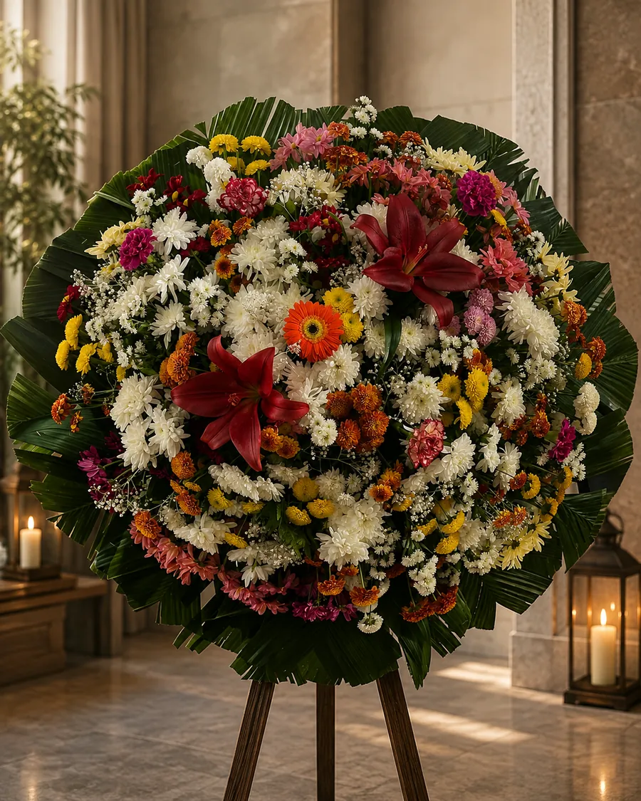 Coroa de flores colorida com crisântemos brancos, lírios vermelhos e gérberas laranja emoldurada por palmas verdes