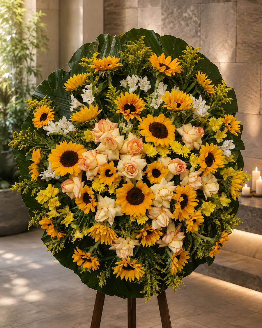 Coroa de flores circular com girassóis, rosas champagne e astromélias brancas sobre folhagens verdes, apoiada em tripé