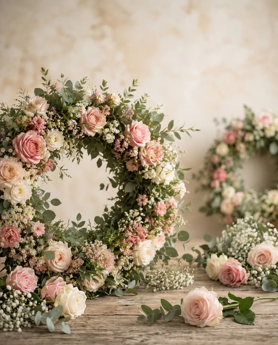 Coroa de flores artesanal com rosas claras e folhagem de eucalipto
